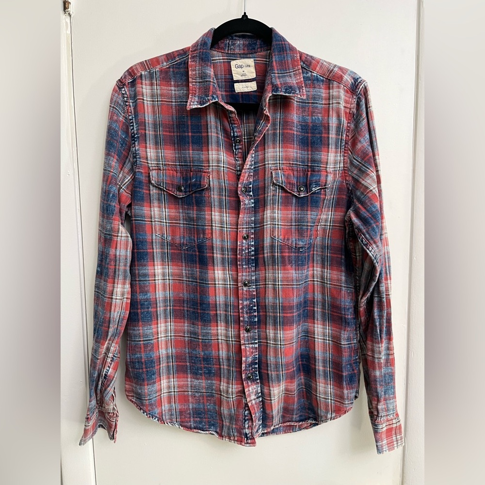 GAP Men's Casual Red and Blue Plaid Shirt Slim Fit M